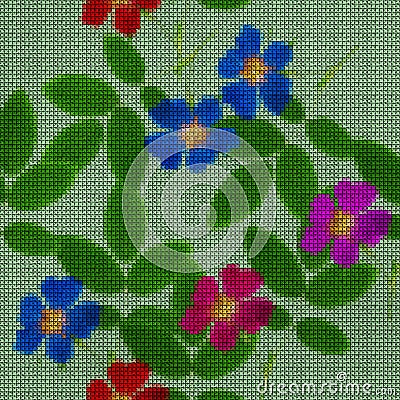 Illustration. Cross-stitch. Briar, wild rose flowers. Texture of Stock Photo