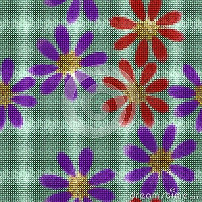 Illustration. Cross-stitch. Cosmos, kosmeya flowers. Texture of flowers. Seamless pattern for continuous replicate. Floral Stock Photo