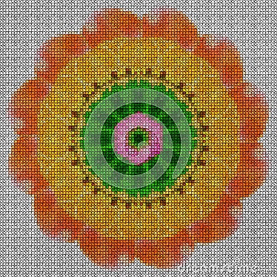 Illustration cross stitch mandala from flowers. Cross-stitch floral collage. Mandala - symbol of meditation, Buddhism, Hinduism, Stock Photo