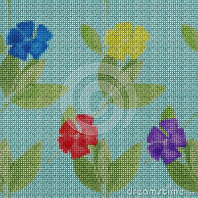 Illustration. Cross-stitch. Periwinkle flowers. Texture of flowers. Seamless pattern for continuous replicate. Floral background, Stock Photo