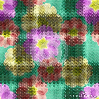 Illustration. Cross-stitch. Primula, primrose flowers. Texture of flowers. Seamless pattern for continuous replicate. Floral Stock Photo