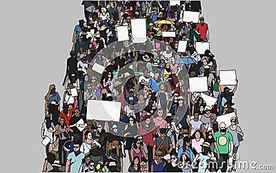 Illustration of crowd marching and demonstrating with blank signs and banners from high angle view Stock Photo