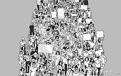 Illustration of crowd marching and demonstrating with blank signs and banners from high angle view Stock Photo