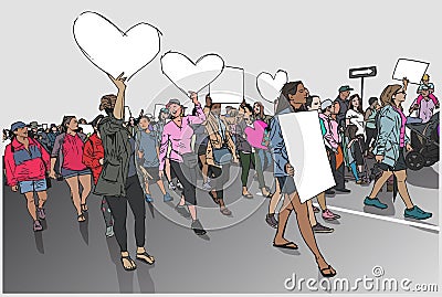 Illustration of crowd marching and demonstrating with blank signs and banners Stock Photo