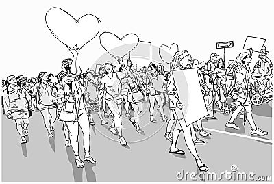 Illustration of crowd marching and demonstrating with blank signs and banners Stock Photo