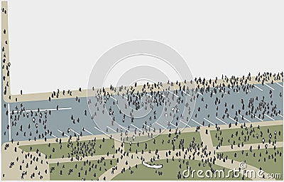 Illustration of crowd marching and protesting from high angle view in color Vector Illustration