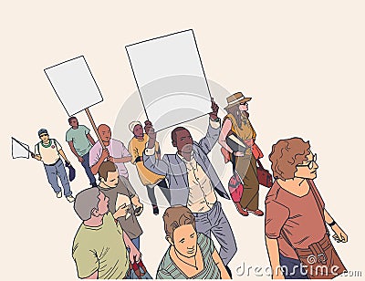 Illustration of crowd protesting against police brutality, with blank signs. Stock Photo
