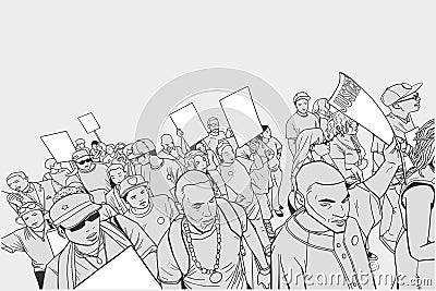 Illustration of crowd protesting against police brutality, with blank signs Vector Illustration