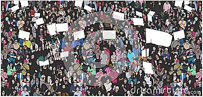 Illustration of crowd protesting for human rights with blank signs and flag Stock Photo