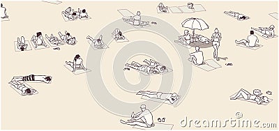 Illustration of crowded beach with people relaxing and sunbathing Stock Photo