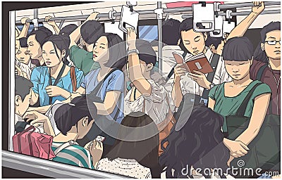 Illustration of crowded metro, subway cart in rush hour Stock Photo