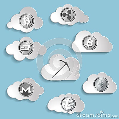 illustration of crypto currency cloud mining pickaxe and coins i Vector Illustration