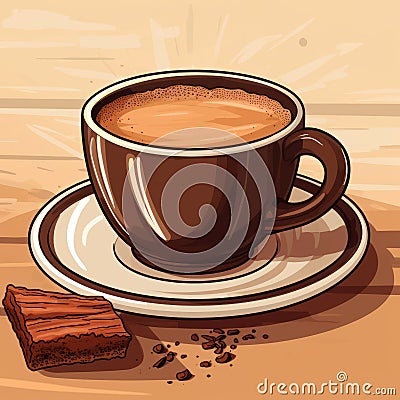 illustration of a cup of coffee on a saucer and a piece of chocolate Cartoon Illustration