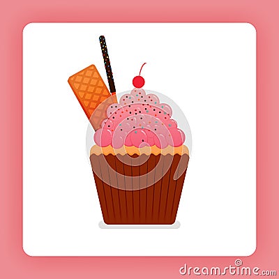 Illustration of cupcake with strawberry whip cream with colorful sprinkle candy topping, waffles, chocolate stick. Design can be Vector Illustration