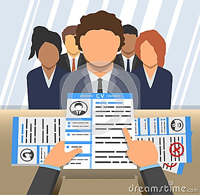 Illustration of curriculum vitae in hands of an employer and candidates behind a desk Vector Illustration