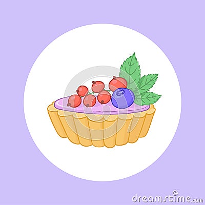 Illustration of custard tart with berries on top. Vector illustration of desert fruit tartlet. Sweet dessert poster. Vector Illustration