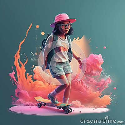 An illustration of a cute Asian girl, riding on a skateboard and wears a hat and sunglasses. Cartoon Illustration