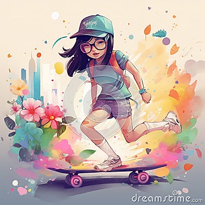 An illustration of a cute Asian girl, riding on a skateboard and wears a hat and sunglasses. Cartoon Illustration