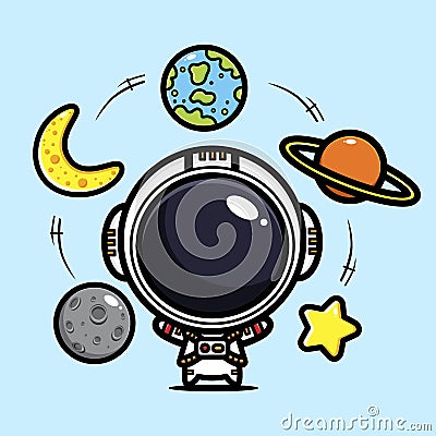 Cute astronaut cartoon characters are playing throwing various planets, moon and earth Vector Illustration