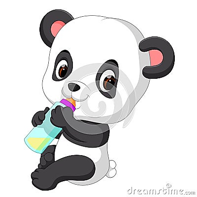 Cute baby panda holding milk bottle Vector Illustration