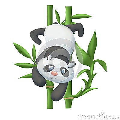 Illustration of Cute baby panda tree climbing bamboo Stock Photo