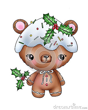 Illustration of a cute bear with Christmas decoration and poinsettia sprigs with berries on his head on a white isolated Stock Photo