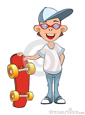 Illustration of a Cute Boy. Cartoon Character. Skateboarding Vector Illustration