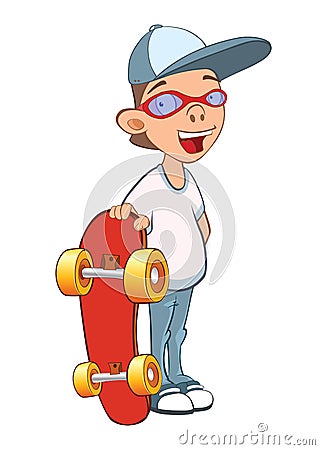 Illustration of a Cute Boy. Cartoon Character. Skateboarding Vector Illustration