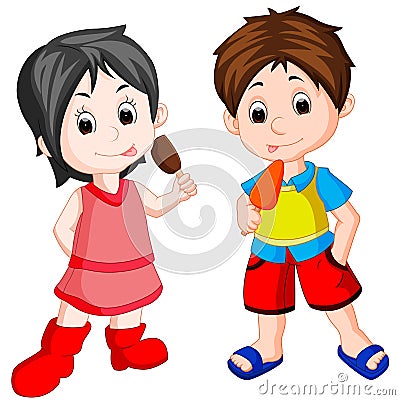 Cute boy and girl eating ice cream Vector Illustration