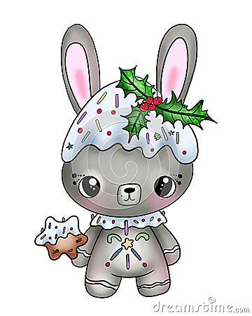 Illustration of a cute bunny with Christmas decoration and poinsettia sprigs with berries on his head on a white Stock Photo