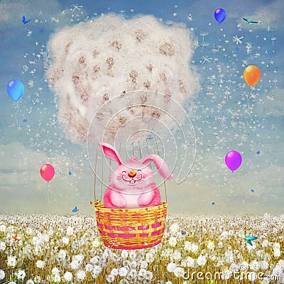 Illustration of cute bunny flying in air balloon Stock Photo