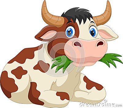 Illustration of cute cartoon cow eating grass Stock Photo