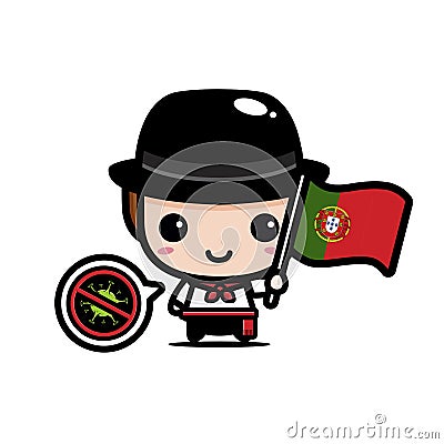 cute boy cartoon character holding flag of portugal against virus Vector Illustration