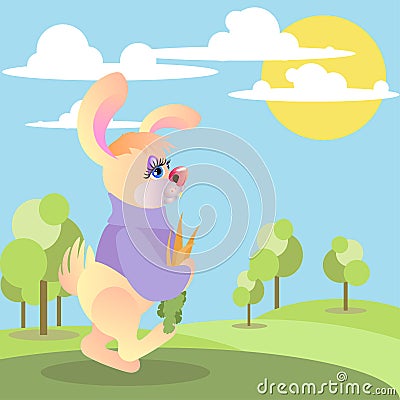 Vector illustration of a cute cartoon rabbit in a forest Cartoon Illustration