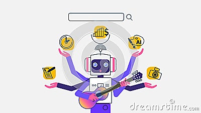 Illustration of a cute cartoon robot with multiple hands, each hand displaying popular search task icons on its palm Vector Illustration