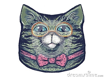 Illustration of cute cartoon tabby cat wearing glasses and bow tie looking straight. Cat portrait Stock Photo