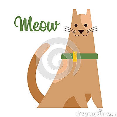 Illustration, cute cat with a collar and text Meow. Children's print, postcard, clothing decor Vector Illustration
