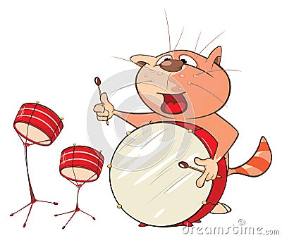 Illustration of a Cute Cat Drummer. Cartoon Character Vector Illustration