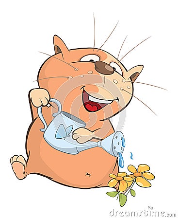 Illustration of a Cute Cat Gardener . Cartoon Character Vector Illustration