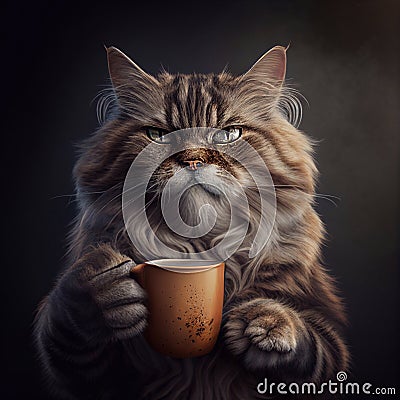 Illustration of cute cat holding cup of coffee, good morning Stock Photo