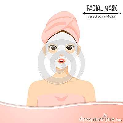 Illustration cute character facial mask isolated on white background with pink label. Treatments. beauty perfect Vector Illustration