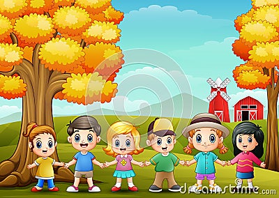 Cute children holding hands together in farm background Vector Illustration