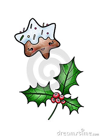 Illustration of cute Christmas cookies with decoration and poinsettia sprigs with berries on a white isolated background Stock Photo