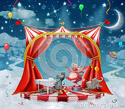 Illustration of cute circus animals on stage in sky Cartoon Illustration