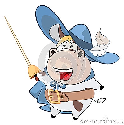 Illustration of a Cute Cow. King's Musketeer. Cartoon Character Vector Illustration