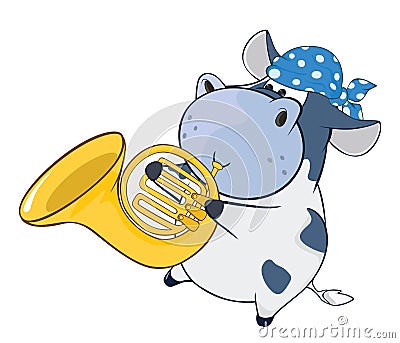 Illustration of a Cute Cow Trumpeter. Cartoon Character Vector Illustration