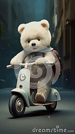 illustration of a cute cuddly white teddy on a light blue motorroller Cartoon Illustration