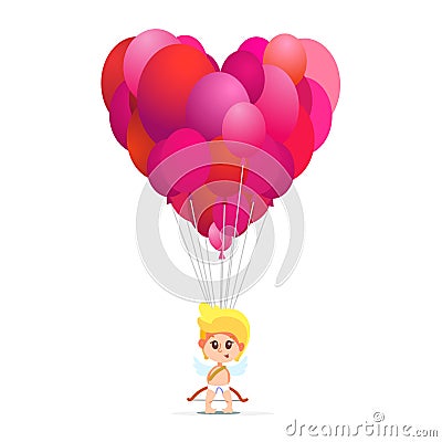 Illustration of cute cupid holding a lot of balloons in heart shape. Vector Illustration