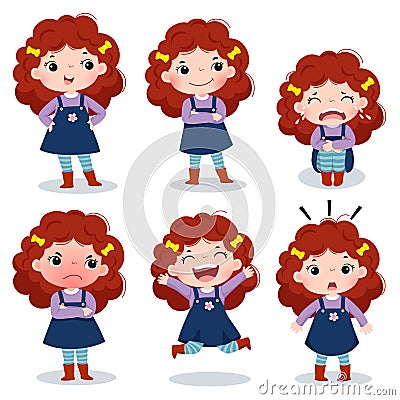 Cute curly red hair girl showing different emotions Vector Illustration