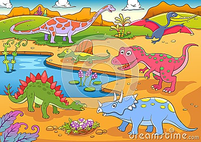 Illustration of cute dinosaurs cartoon Vector Illustration